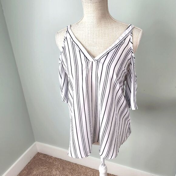 Sienna Sky Tops - SIENNA SKY WOMEN'S STRIPED BLOUSE COLD SHOULDER V NECK AND BACK SIZE SMALL